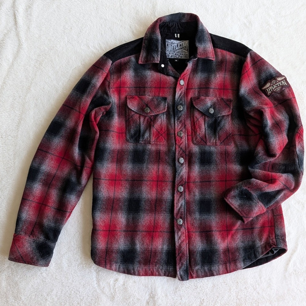 Affliction Black Premium Mens Red Black Plaid Flannel Shirt Jacket Medium Lined